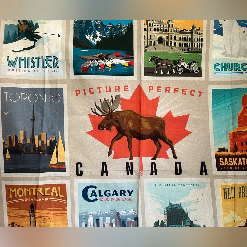 Canada Provinces and landmarks quilting material.  37” x 44” approx.